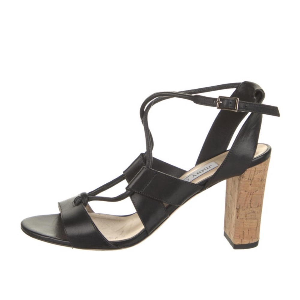 Jimmy Choo Black Leather Margo Cork Heel Lace Up Sandals 39